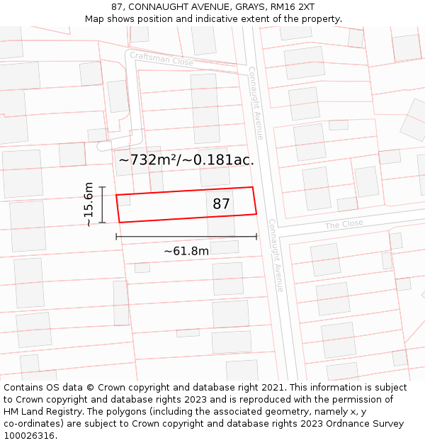 87, CONNAUGHT AVENUE, GRAYS, RM16 2XT: Plot and title map