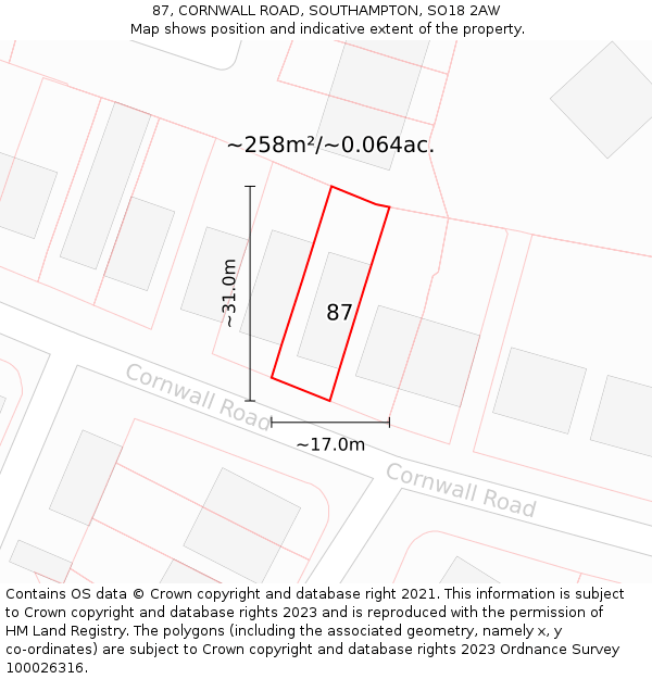 87, CORNWALL ROAD, SOUTHAMPTON, SO18 2AW: Plot and title map