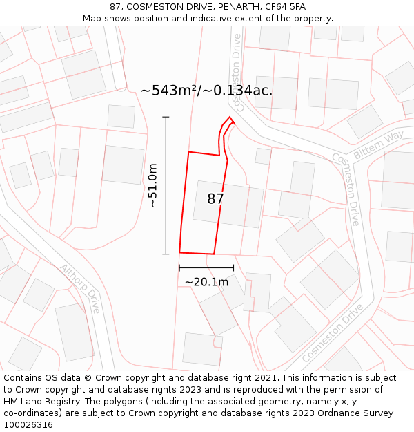 87, COSMESTON DRIVE, PENARTH, CF64 5FA: Plot and title map