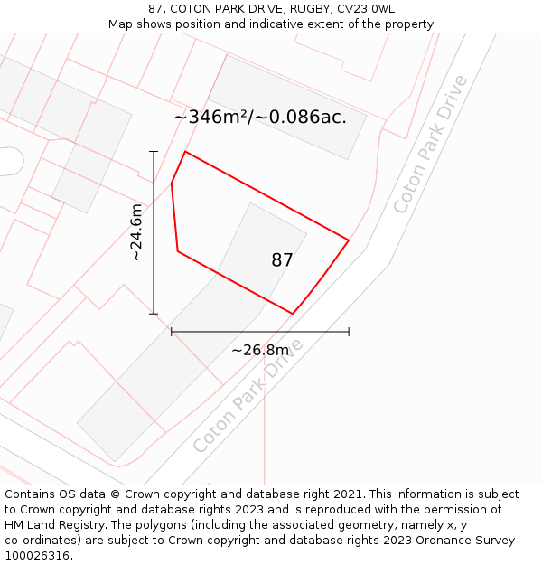 87, COTON PARK DRIVE, RUGBY, CV23 0WL: Plot and title map