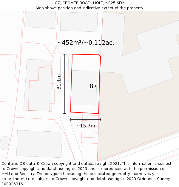 87, CROMER ROAD, HOLT, NR25 6DY: Plot and title map