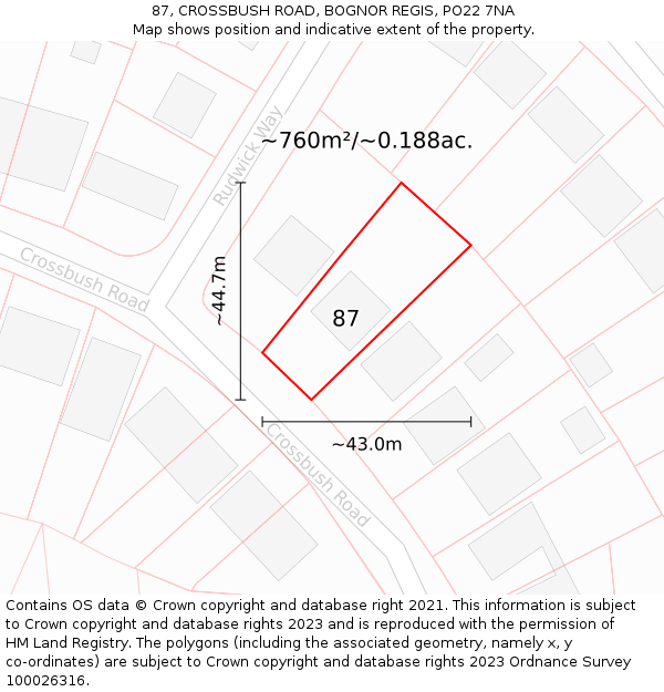 87, CROSSBUSH ROAD, BOGNOR REGIS, PO22 7NA: Plot and title map