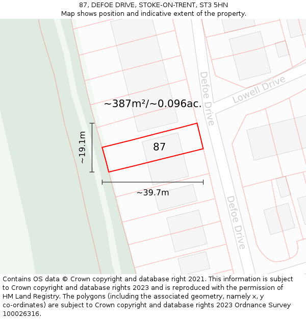 87, DEFOE DRIVE, STOKE-ON-TRENT, ST3 5HN: Plot and title map