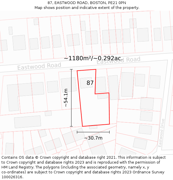 87, EASTWOOD ROAD, BOSTON, PE21 0PN: Plot and title map