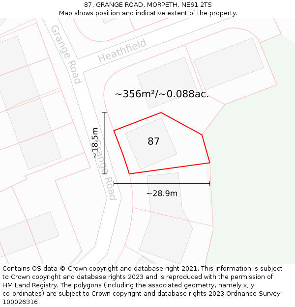 87, GRANGE ROAD, MORPETH, NE61 2TS: Plot and title map