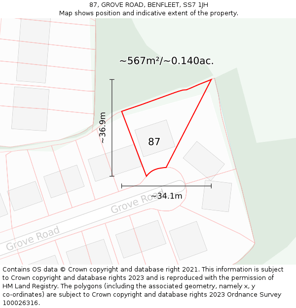 87, GROVE ROAD, BENFLEET, SS7 1JH: Plot and title map