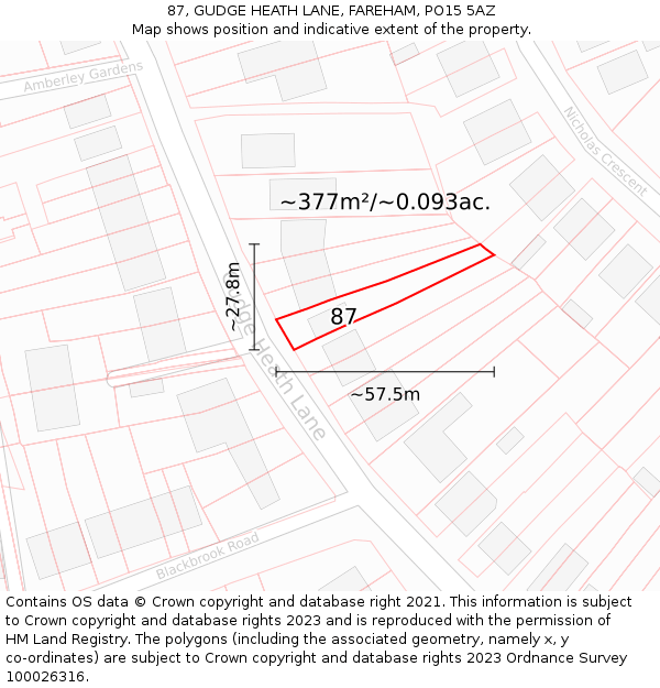 87, GUDGE HEATH LANE, FAREHAM, PO15 5AZ: Plot and title map