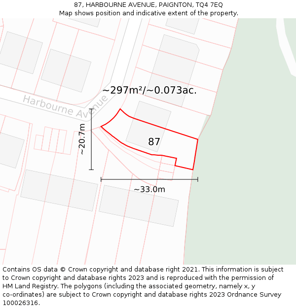 87, HARBOURNE AVENUE, PAIGNTON, TQ4 7EQ: Plot and title map