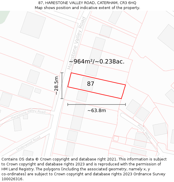 87, HARESTONE VALLEY ROAD, CATERHAM, CR3 6HQ: Plot and title map