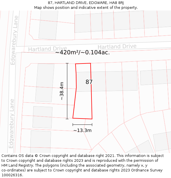 87, HARTLAND DRIVE, EDGWARE, HA8 8RJ: Plot and title map