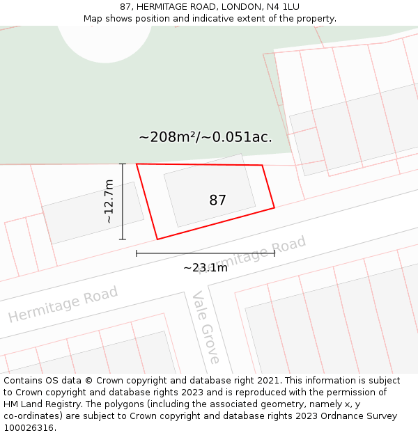 87, HERMITAGE ROAD, LONDON, N4 1LU: Plot and title map