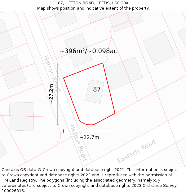 87, HETTON ROAD, LEEDS, LS8 2RX: Plot and title map