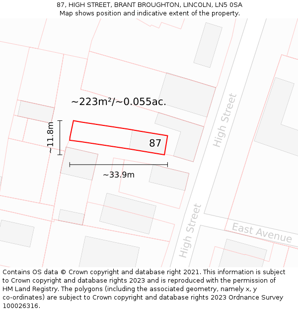 87, HIGH STREET, BRANT BROUGHTON, LINCOLN, LN5 0SA: Plot and title map