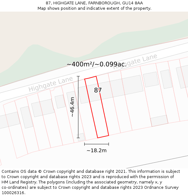 87, HIGHGATE LANE, FARNBOROUGH, GU14 8AA: Plot and title map