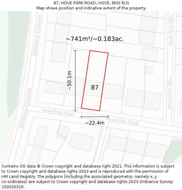 87, HOVE PARK ROAD, HOVE, BN3 6LN: Plot and title map