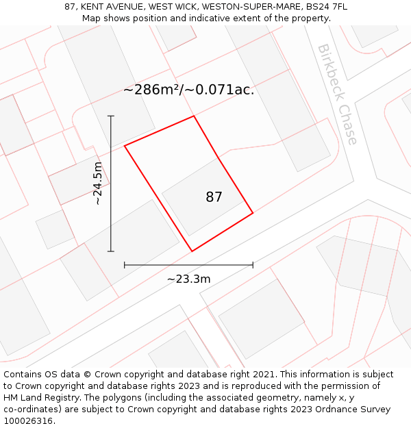 87, KENT AVENUE, WEST WICK, WESTON-SUPER-MARE, BS24 7FL: Plot and title map