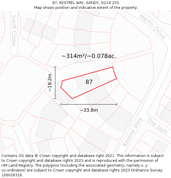 87, KESTREL WAY, SANDY, SG19 2TG: Plot and title map