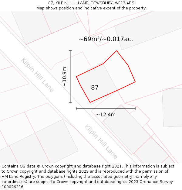 87, KILPIN HILL LANE, DEWSBURY, WF13 4BS: Plot and title map