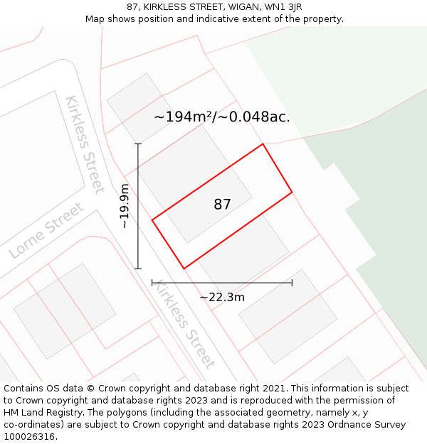 87, KIRKLESS STREET, WIGAN, WN1 3JR: Plot and title map