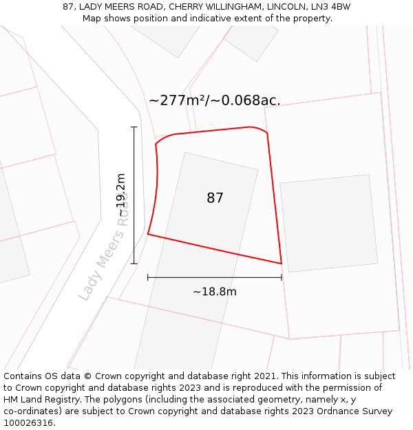 87, LADY MEERS ROAD, CHERRY WILLINGHAM, LINCOLN, LN3 4BW: Plot and title map