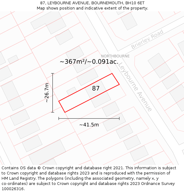 87, LEYBOURNE AVENUE, BOURNEMOUTH, BH10 6ET: Plot and title map
