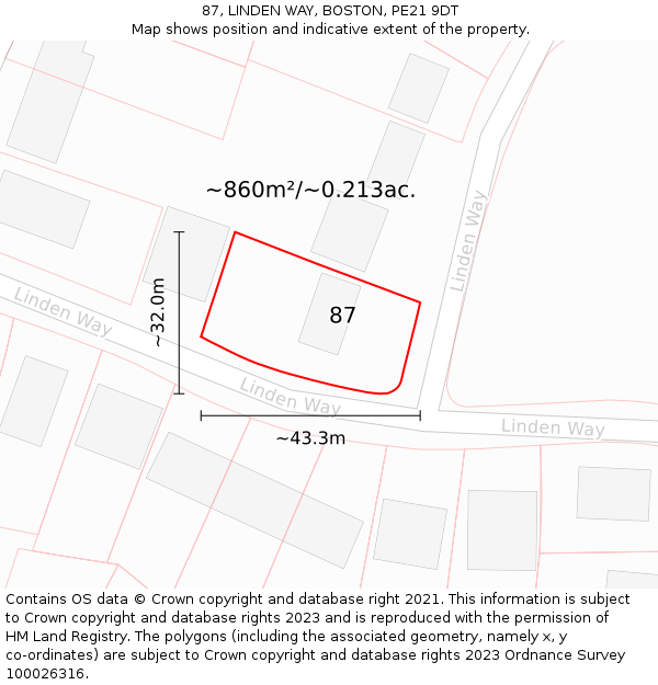 87, LINDEN WAY, BOSTON, PE21 9DT: Plot and title map