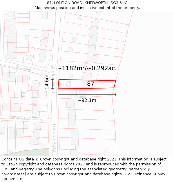 87, LONDON ROAD, KNEBWORTH, SG3 6HG: Plot and title map