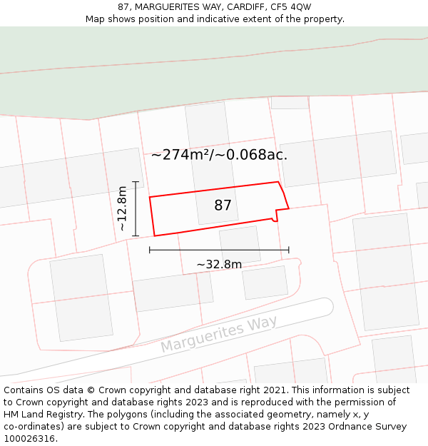 87, MARGUERITES WAY, CARDIFF, CF5 4QW: Plot and title map