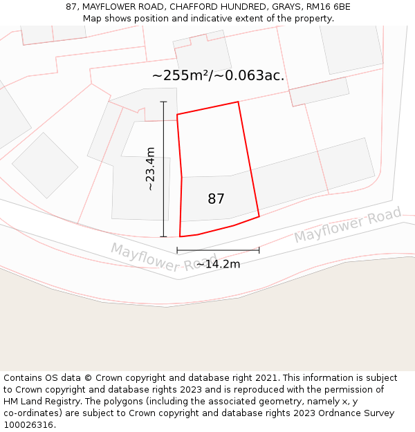 87, MAYFLOWER ROAD, CHAFFORD HUNDRED, GRAYS, RM16 6BE: Plot and title map