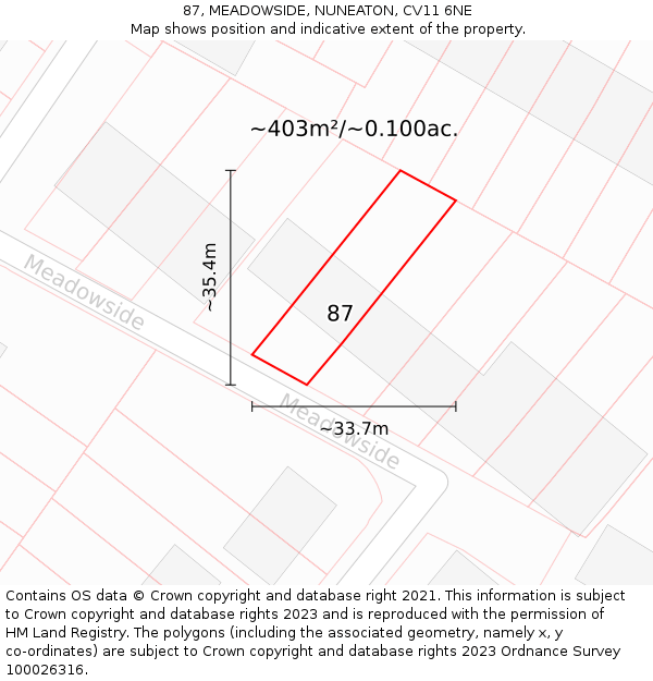 87, MEADOWSIDE, NUNEATON, CV11 6NE: Plot and title map