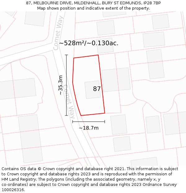 87, MELBOURNE DRIVE, MILDENHALL, BURY ST EDMUNDS, IP28 7BP: Plot and title map