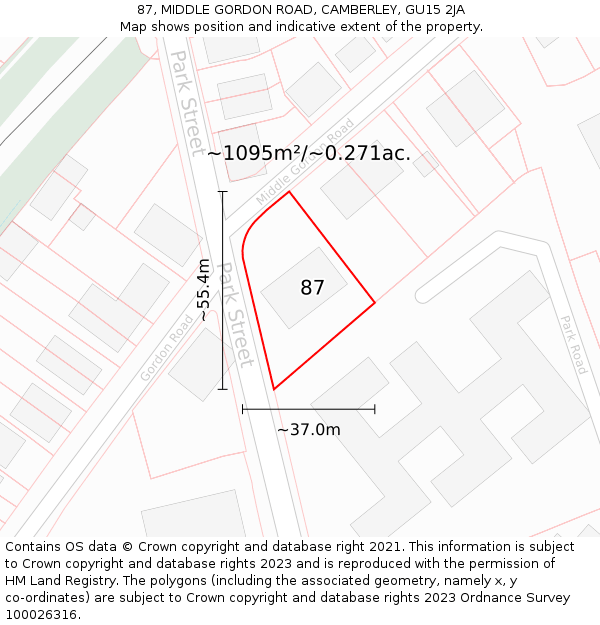 87, MIDDLE GORDON ROAD, CAMBERLEY, GU15 2JA: Plot and title map