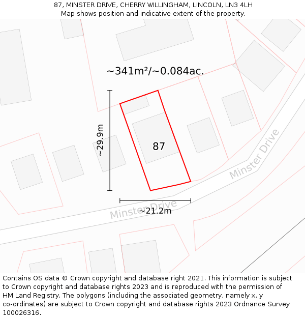 87, MINSTER DRIVE, CHERRY WILLINGHAM, LINCOLN, LN3 4LH: Plot and title map