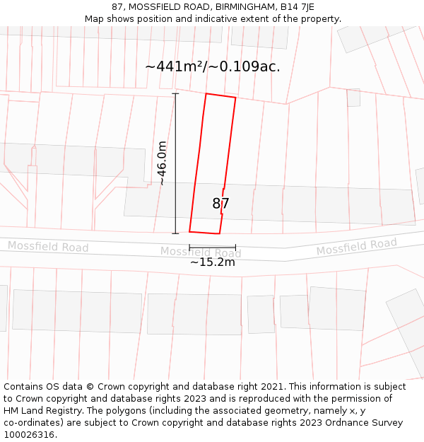 87, MOSSFIELD ROAD, BIRMINGHAM, B14 7JE: Plot and title map