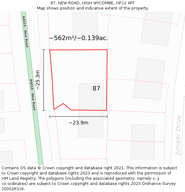 87, NEW ROAD, HIGH WYCOMBE, HP12 4RT: Plot and title map