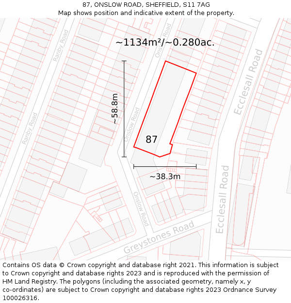 87, ONSLOW ROAD, SHEFFIELD, S11 7AG: Plot and title map