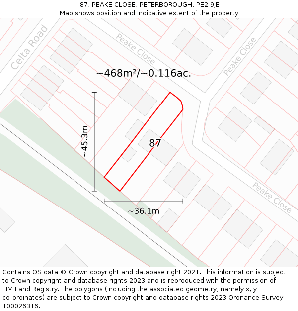 87, PEAKE CLOSE, PETERBOROUGH, PE2 9JE: Plot and title map