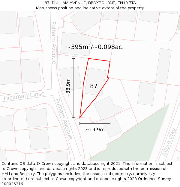 87, PULHAM AVENUE, BROXBOURNE, EN10 7TA: Plot and title map