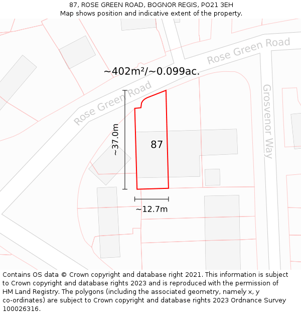 87, ROSE GREEN ROAD, BOGNOR REGIS, PO21 3EH: Plot and title map