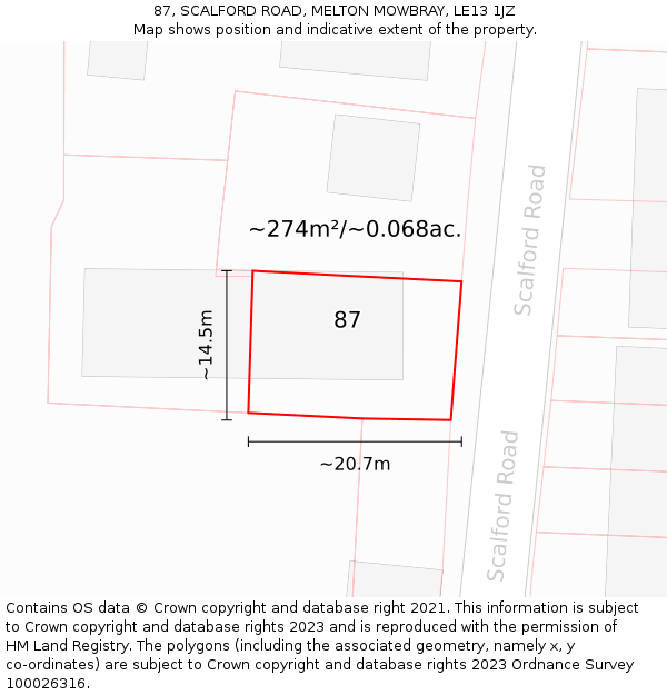 87, SCALFORD ROAD, MELTON MOWBRAY, LE13 1JZ: Plot and title map