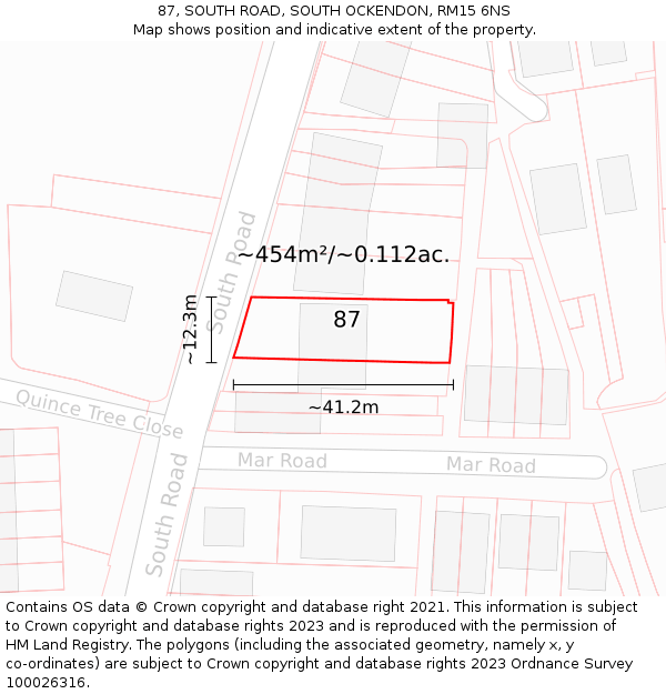 87, SOUTH ROAD, SOUTH OCKENDON, RM15 6NS: Plot and title map