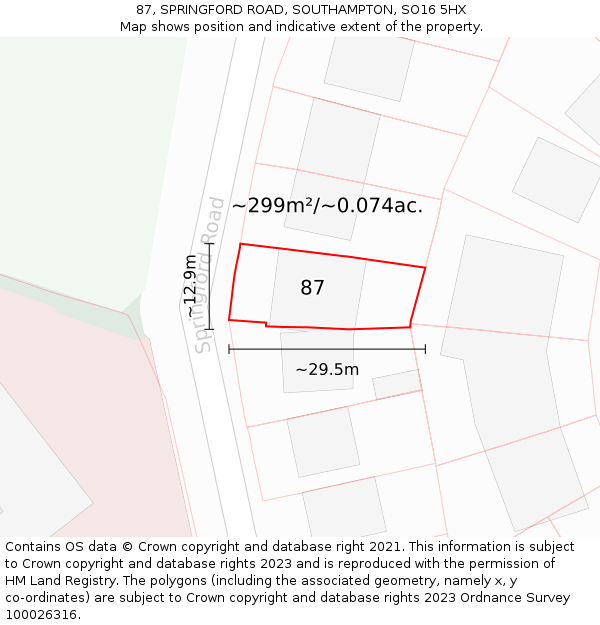 87, SPRINGFORD ROAD, SOUTHAMPTON, SO16 5HX: Plot and title map