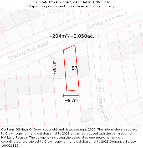 87, STANLEY PARK ROAD, CARSHALTON, SM5 3HX: Plot and title map