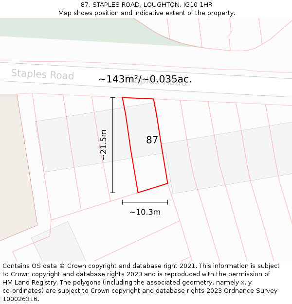 87, STAPLES ROAD, LOUGHTON, IG10 1HR: Plot and title map