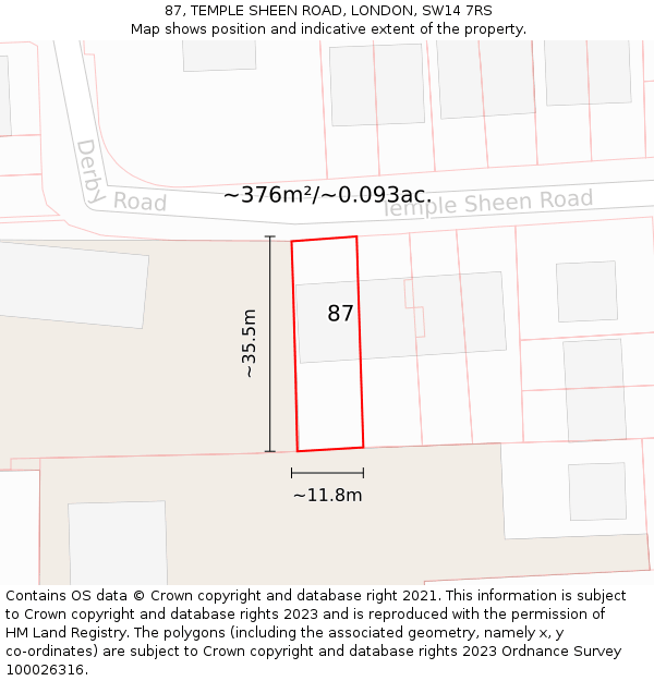 87, TEMPLE SHEEN ROAD, LONDON, SW14 7RS: Plot and title map