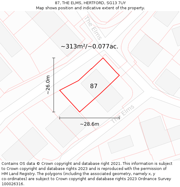 87, THE ELMS, HERTFORD, SG13 7UY: Plot and title map