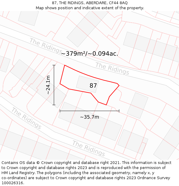 87, THE RIDINGS, ABERDARE, CF44 8AQ: Plot and title map