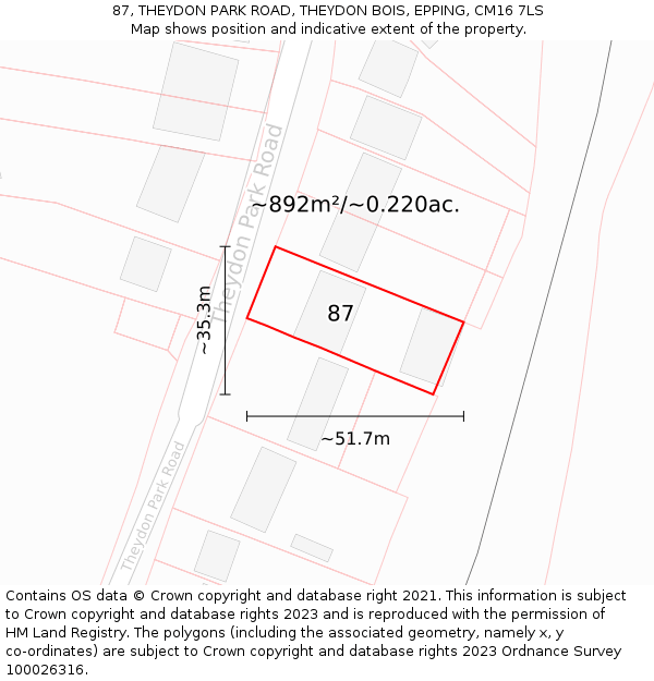 87, THEYDON PARK ROAD, THEYDON BOIS, EPPING, CM16 7LS: Plot and title map