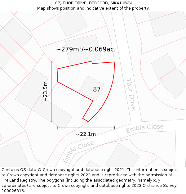 87, THOR DRIVE, BEDFORD, MK41 0WN: Plot and title map