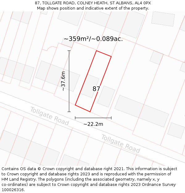 87, TOLLGATE ROAD, COLNEY HEATH, ST ALBANS, AL4 0PX: Plot and title map